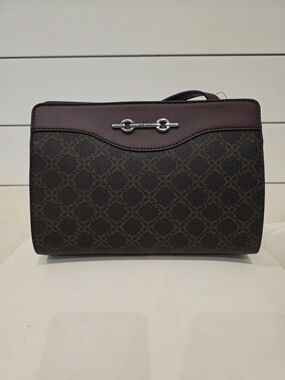 Nine West Brown Monogram Crossbody Bag with Dark Plum Trim